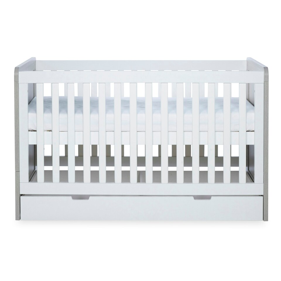 image 1 of Pembrey Cot Bed, Under Drawer & All Seasons Premium Pocket Sprung Mattress - Convertible, Adjustable Mattress Base, Birth to 4 Years (Ash Grey & White)