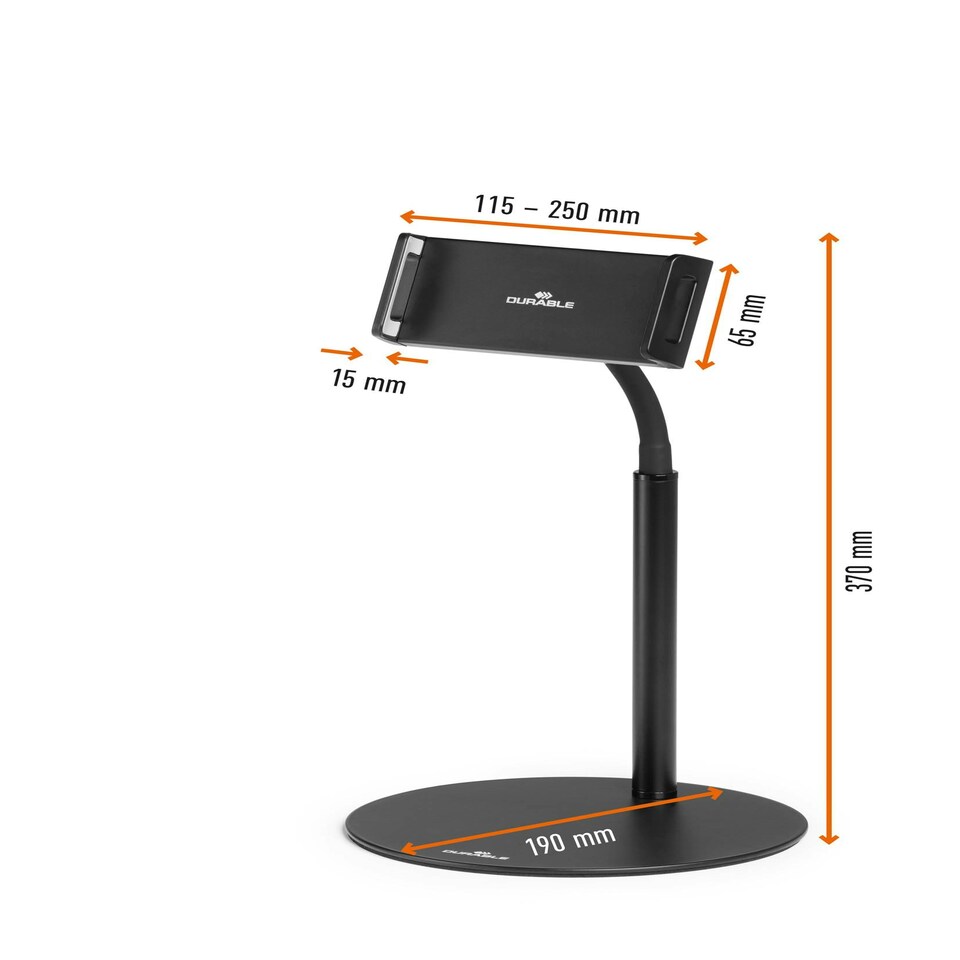 image 1 of Durable Tablet Holder Table Twist with Gooseneck - for Tablets and Mobiles 4.7-13" - 360 Degree Rotation - Perfect for Tablets, iPads, Mobile Phones - Black