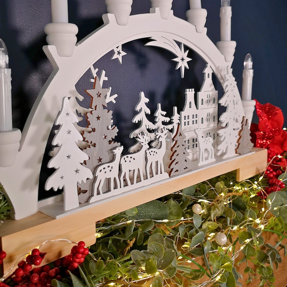45cm Battery Operated Warm White LED Wooden Arch Reindeer Scene