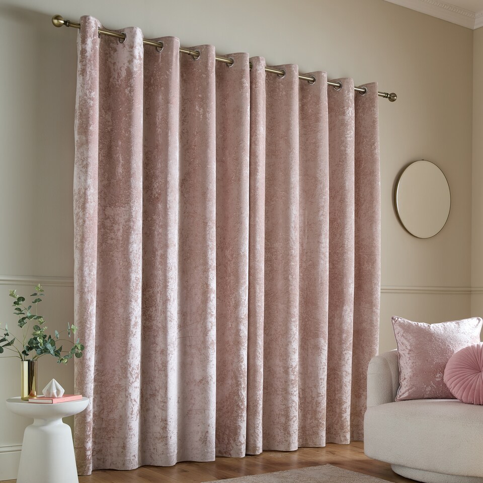 image 1 of Catherine Lansfield Crushed Velvet Lined Eyelet Curtains | Pink | Blush Pink