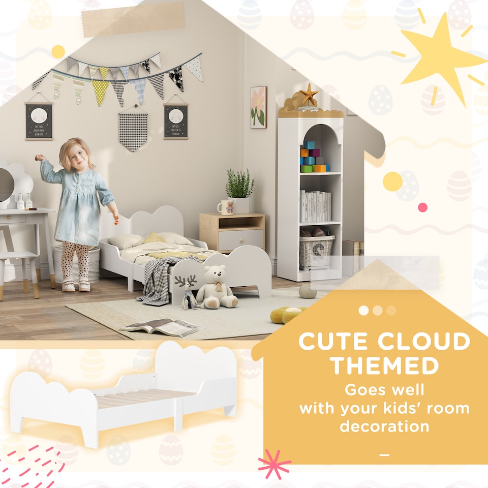 image 1 of AIYAPLAY Cloud-Themed Toddler Bed with Safety Rails, 143.5 x 74.5 x 56cm