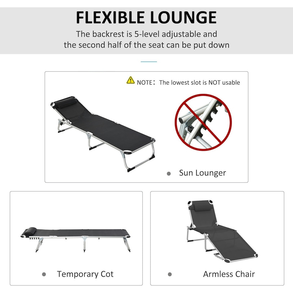 image 1 of Outsunny Folding Outdoor Reclining Sun Lounger Chair Aluminium Frame Black