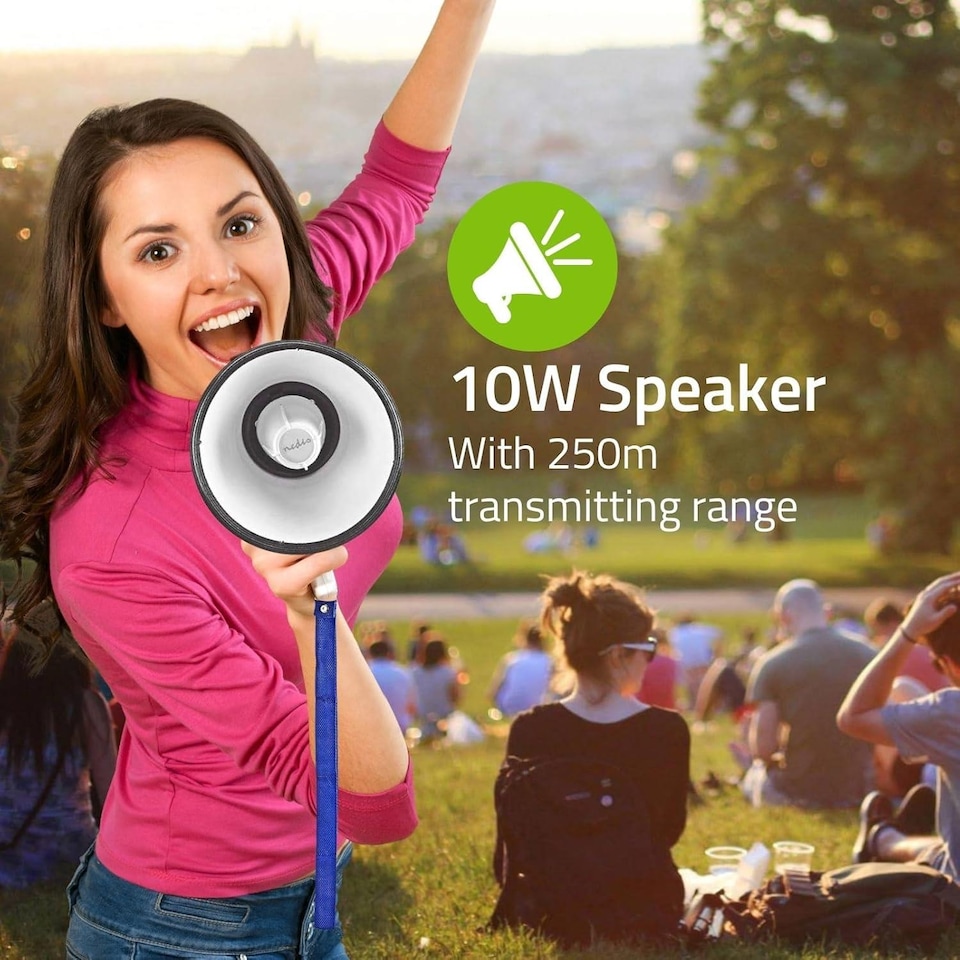 image 1 of NEDIS 10W Megaphone, 250m Range with Built-in Microphone, Siren, Adjustable Volume, Record Function - White & Blue