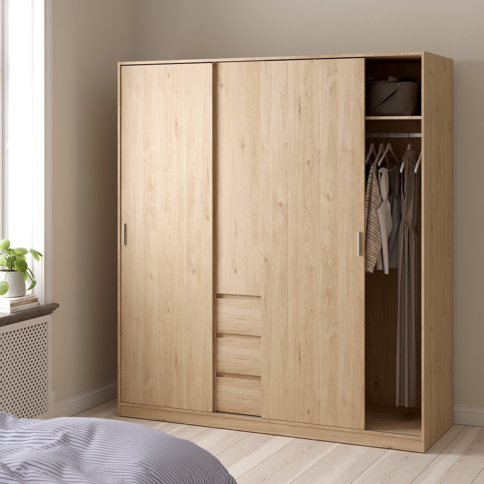 image 1 of Naia Wardrobe with 2 Sliding Doors 1 Door 3 Drawers in Jackson Hickory Oak