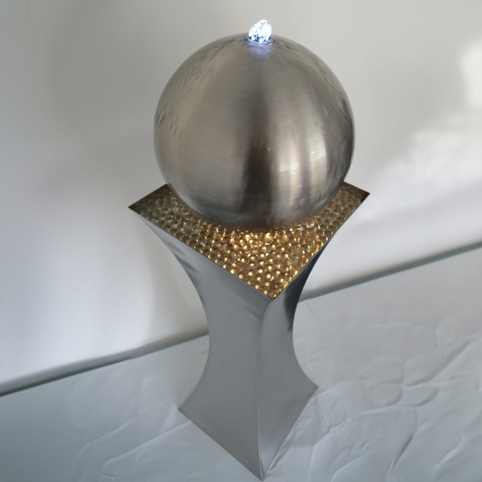 image 1 of Brushed Hourglass and Sphere Water Feature with Lights