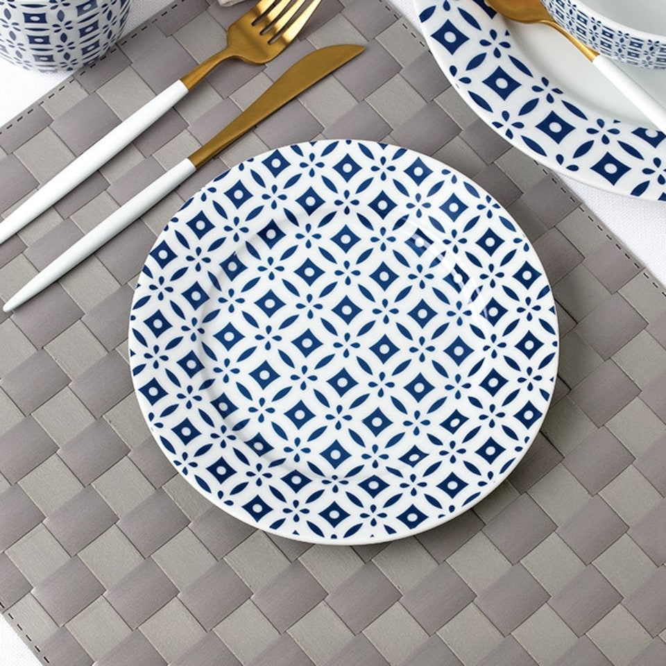 image 1 of 16pc Blue Geo Dinner Set