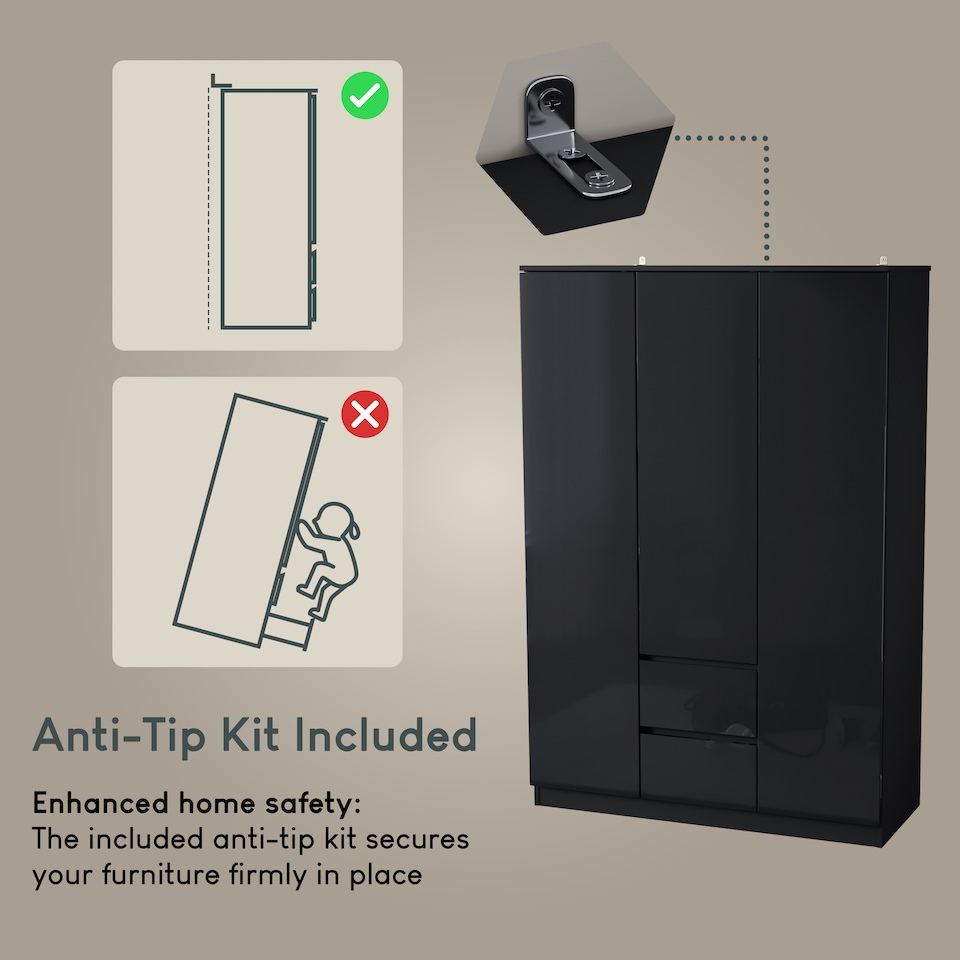 image 1 of Vida Designs Glinton 3 Door 2 Drawer Wardrobe With Clothes Rail, Black