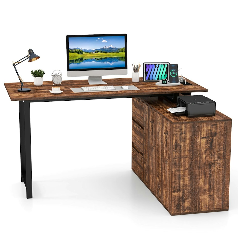 image 1 of COSTWAY L-Shaped Desk Reversible Corner Computer Desk Coffee Brown