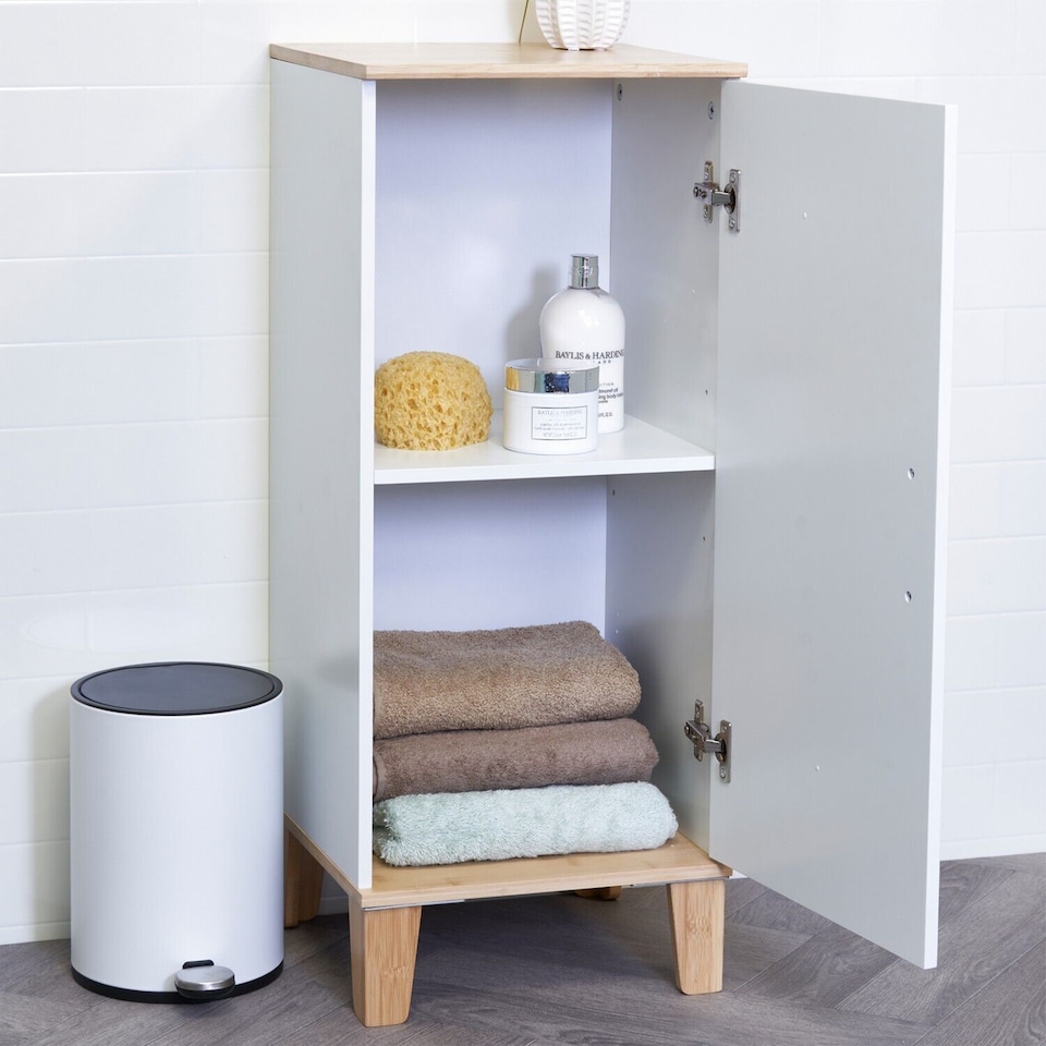 image 1 of Showerdrape Amalfi Matt White & Bamboo Floorstanding Bathroom Cabinet | White | 1