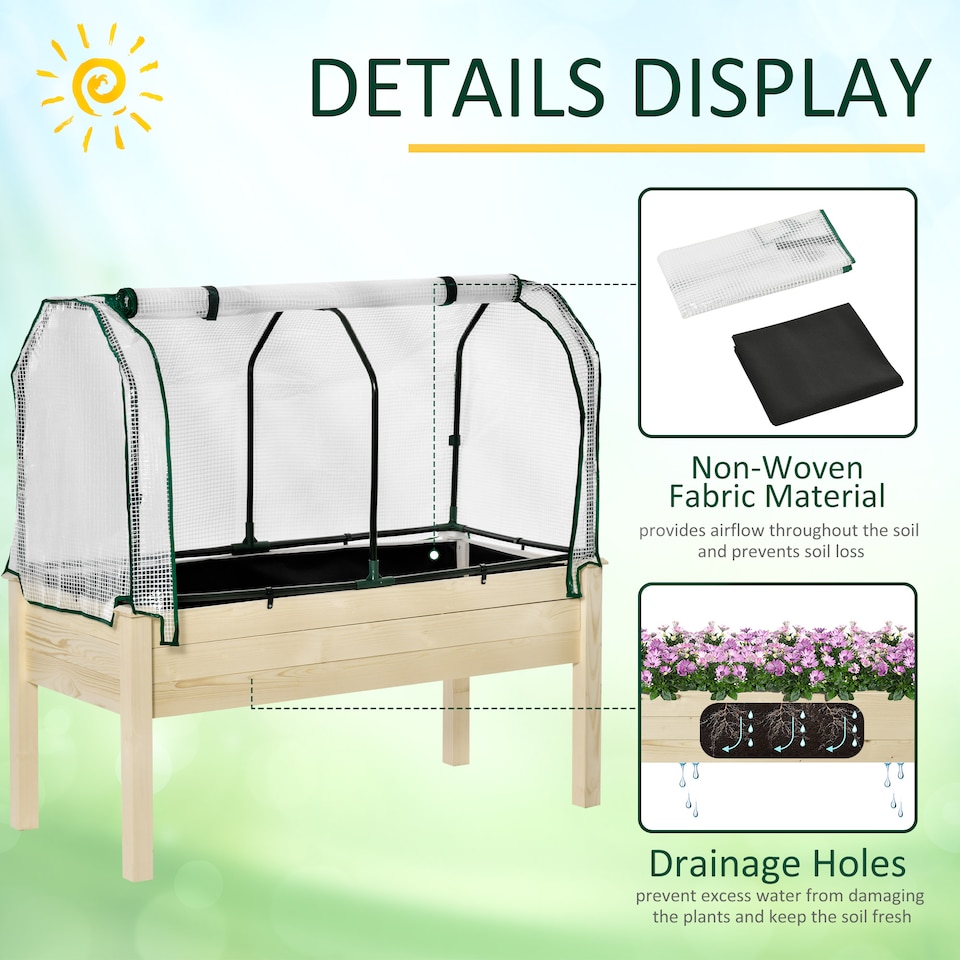 image 1 of Outsunny Raised Garden Bed w/ PE Cover Patio Elevated Wood Planter Box Natural