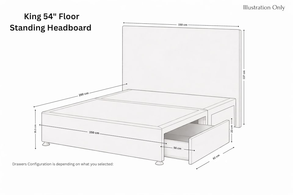 image 1 of Sloomy Kansas Black Naples Divan Bed Base 2 Drawers Same Side With 54 Inch Floor Standing Headboard | Black | Black | King | 1