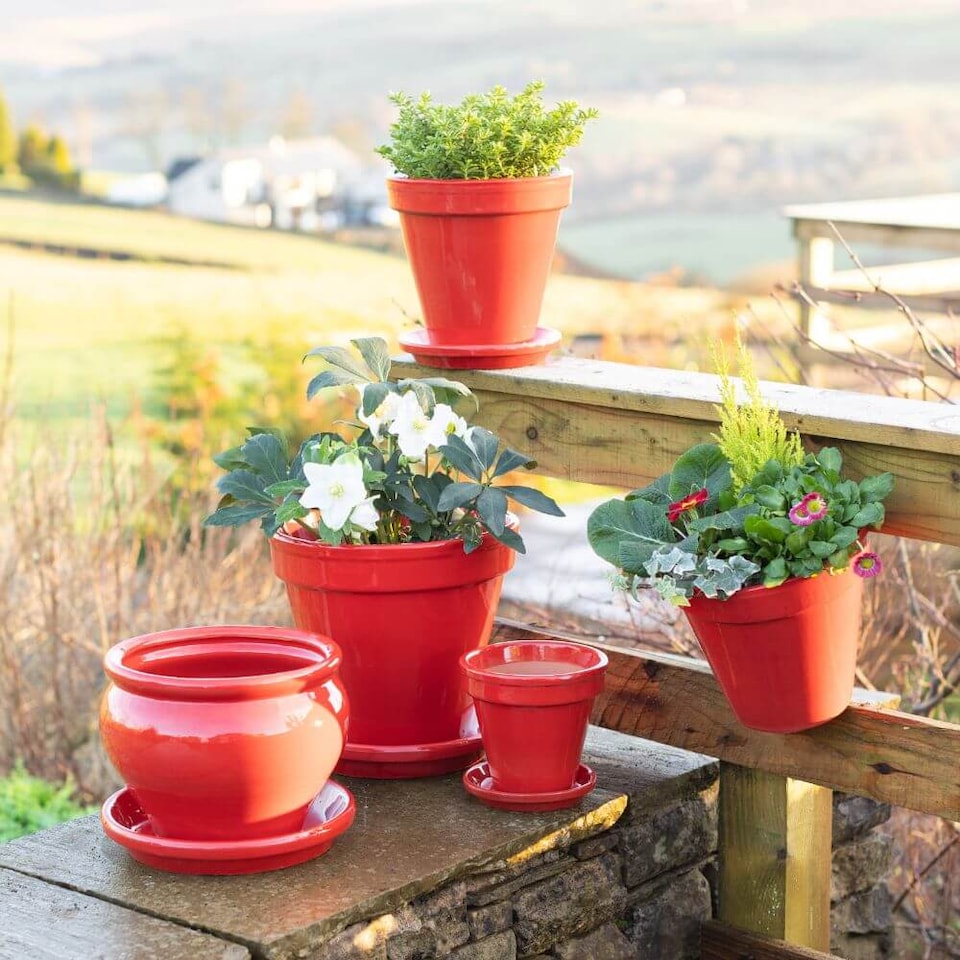 image 1 of Verano Spanish Ceramics Set of 3 Plant Pots & Drainage Plates - 16-29cm Dipped Red