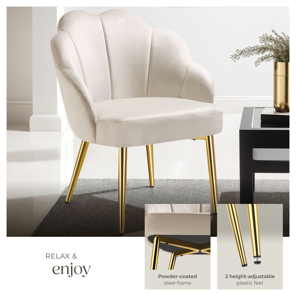 image 1 of Accent Chair Hellen - velvet cover, padded, extra-wide shell-shaped backrest | Cream | cream/gold | 2