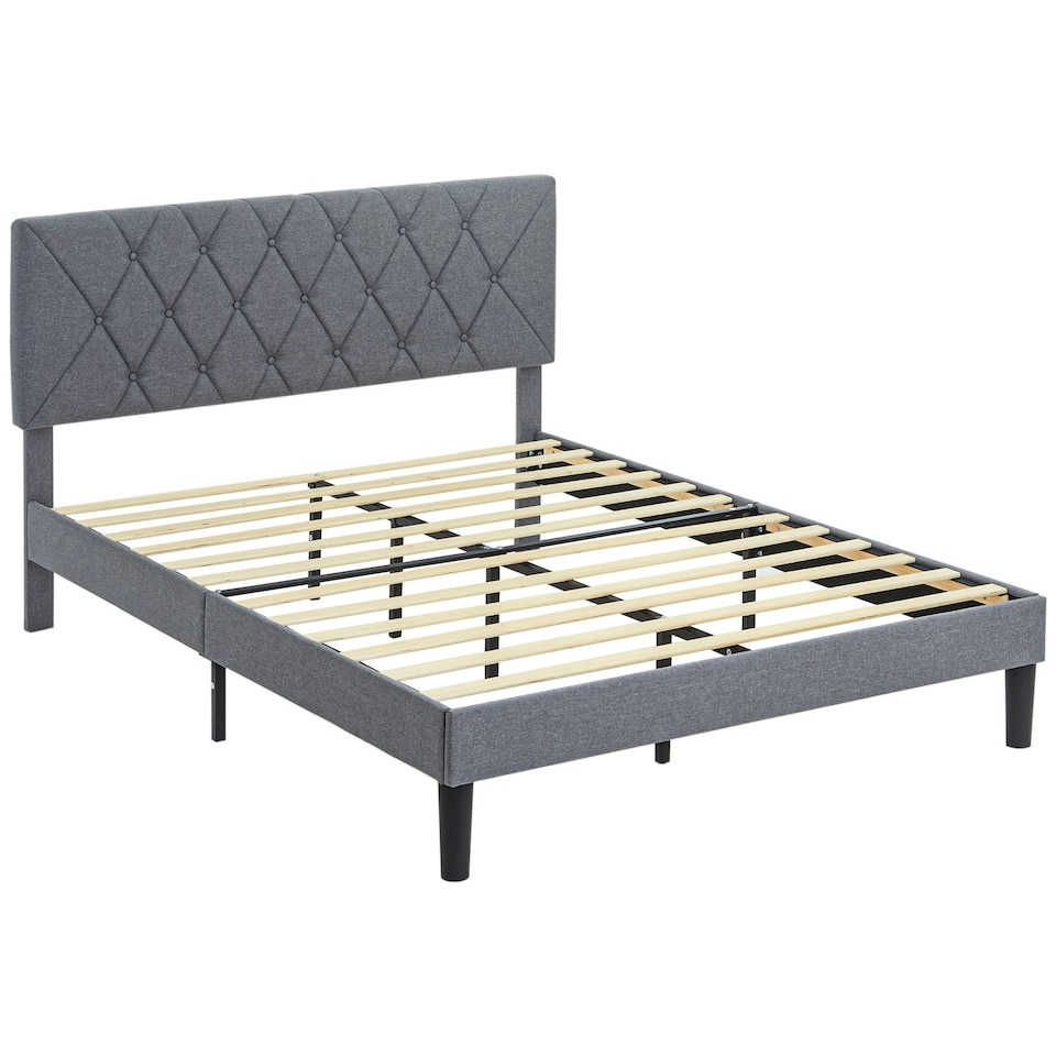image 1 of HOMCOM Double Bed Frame with 5-Level Adjustable Linen Headboard