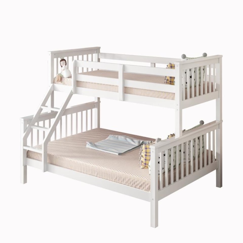 image 1 of White Bunk Bed with 2 Mattresses 3ft Single & 4ft6 Double Trio Bunk Beds, Wooden Children Bedroom Furniture