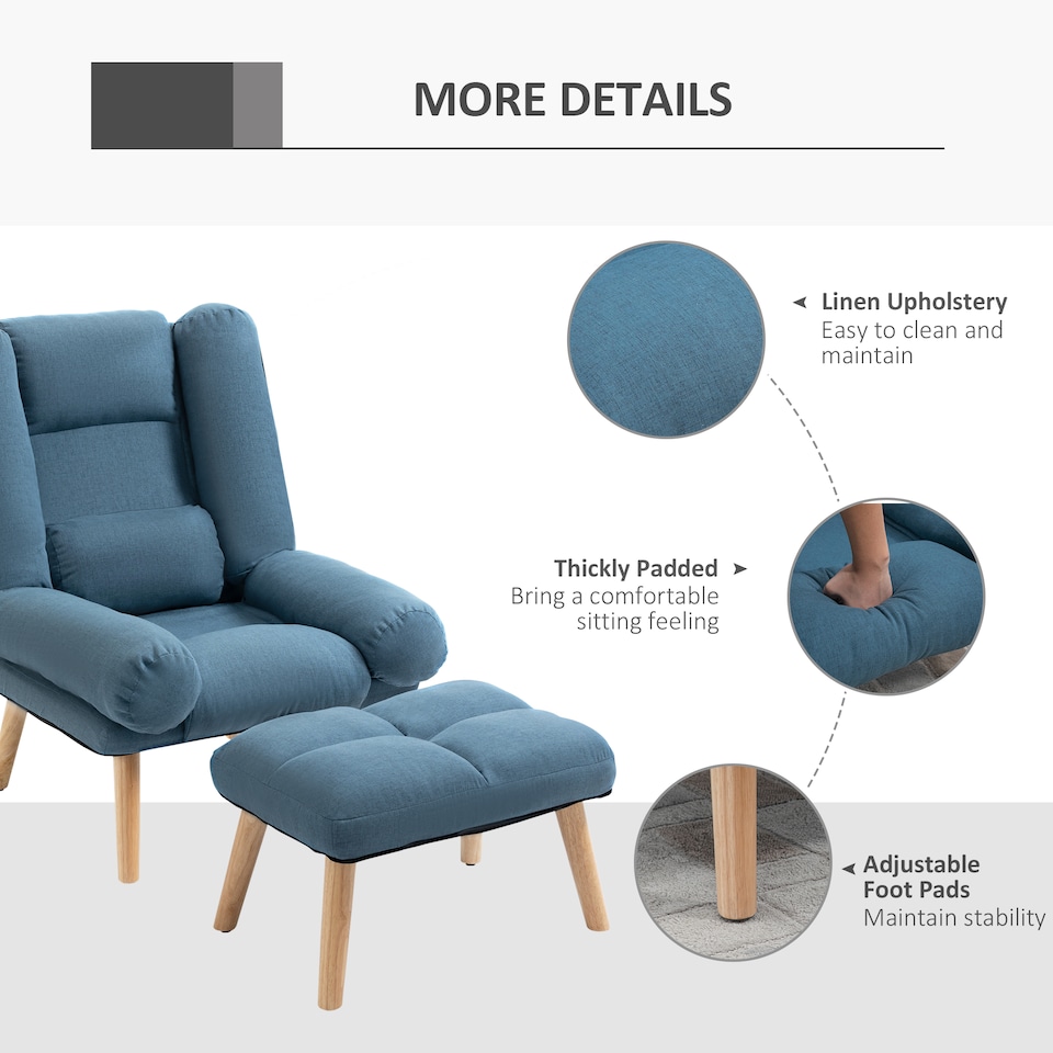 image 1 of HOMCOM Recliner with Footstool, Reclining Chair with Adjustable Back, Blue