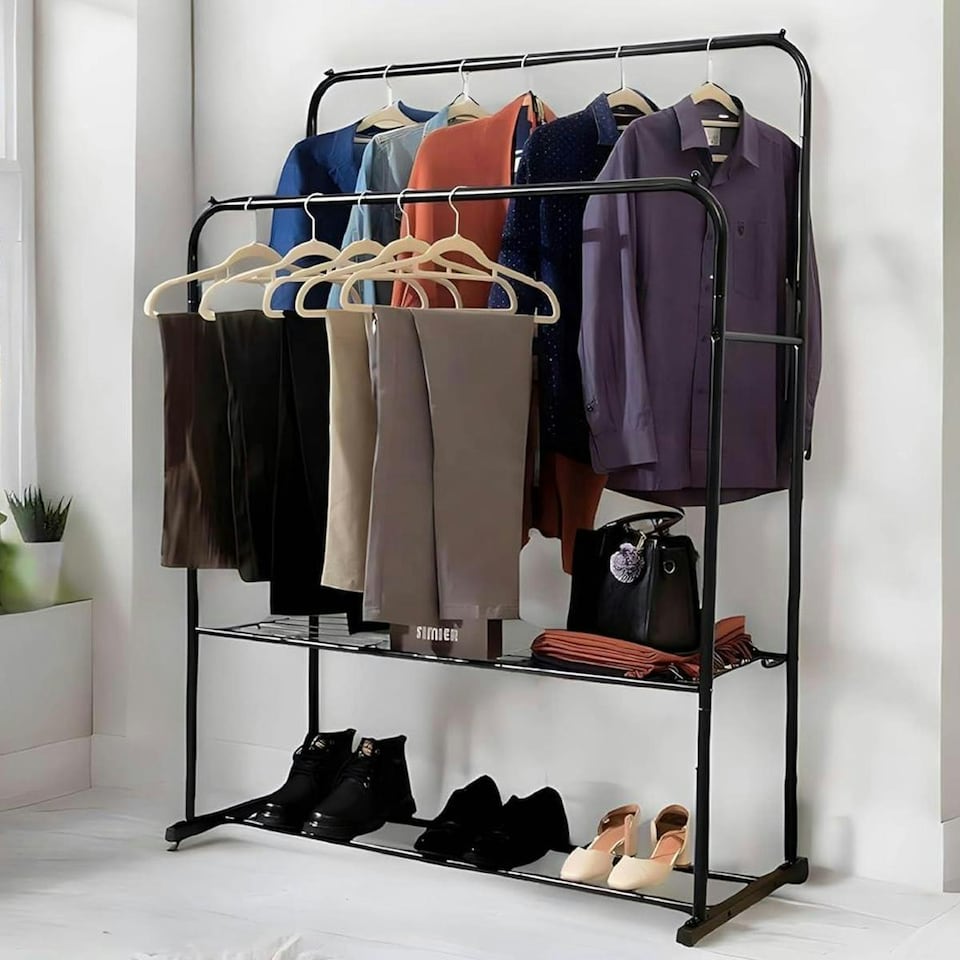 image 1 of Double Clothes Rail Heavy Duty Metal with Shoe Rack Garment Hanger Hat Bag Hooks Black | One Size