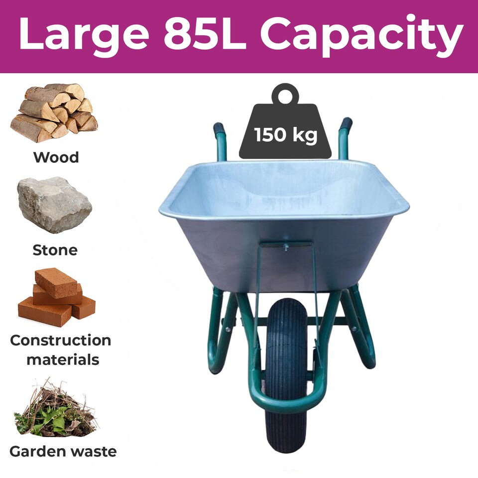 image 1 of Neo 85L Large Galvanised Wheelbarrow with Pneumatic Tyre | Grey