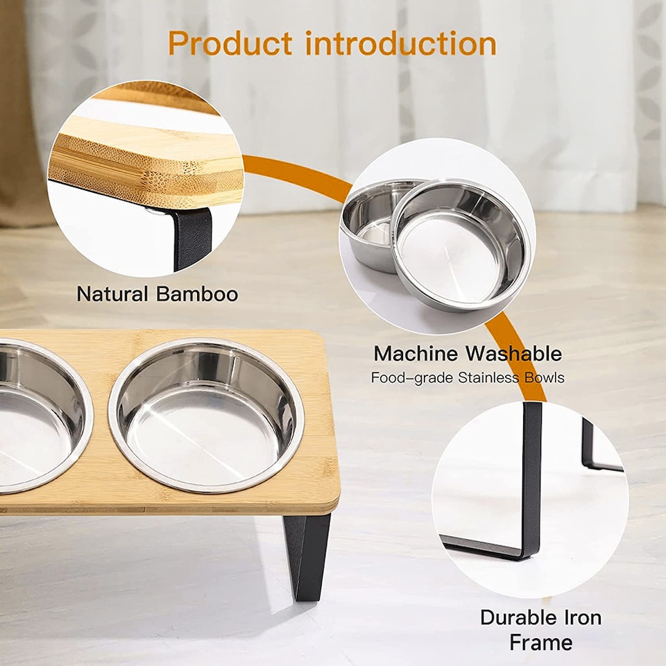 image 1 of Living and Home Elevated Dual-Bowl Pet Feeder with 10° Tilt – Stainless Steel Bowls | Brown | Grey | 33cm W x 16cm D x 12cm H | 1