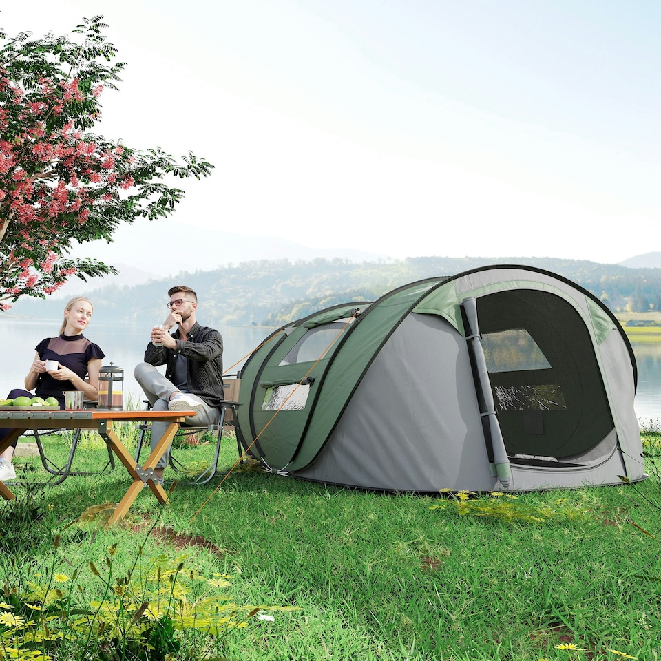 image 1 of Outsunny Camping Tent Dome Pop-up Tent with Windows for 4-5 Person Dark Green