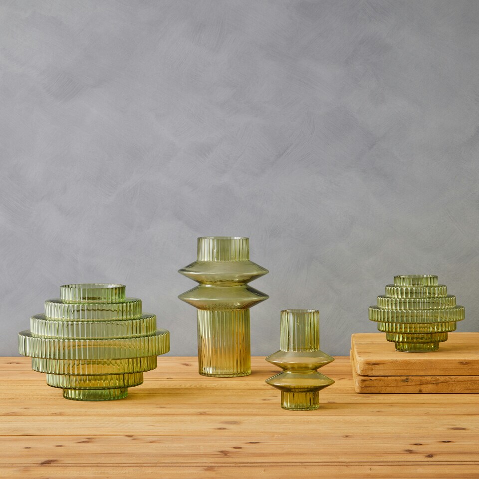 image 1 of Interiors by Premier Tiered Small Green Glass Vase, Eye Catching Layered Modern Vase, Ribbed Glass Vase, Decorative Vase Green