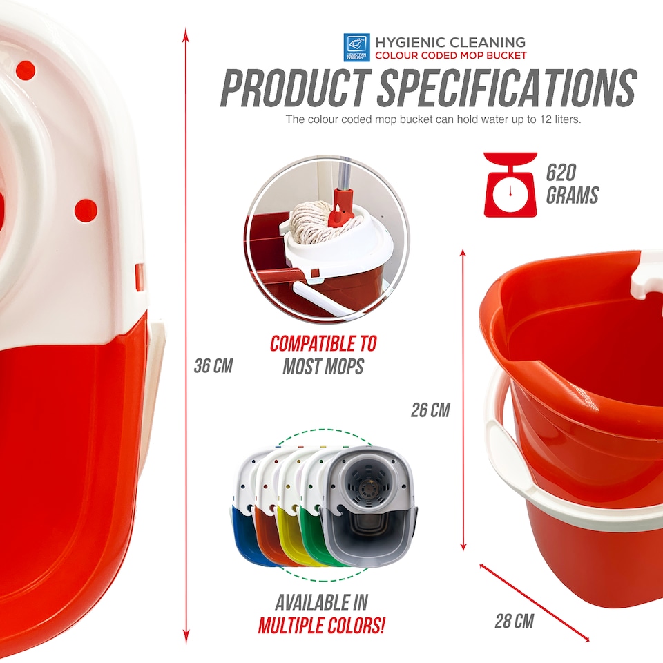 image 1 of Colour Coded Mop Bucket with Removable Wringer 12L Heavy Duty Plastic Cleaning Bucket for Home Kitchen and Catering