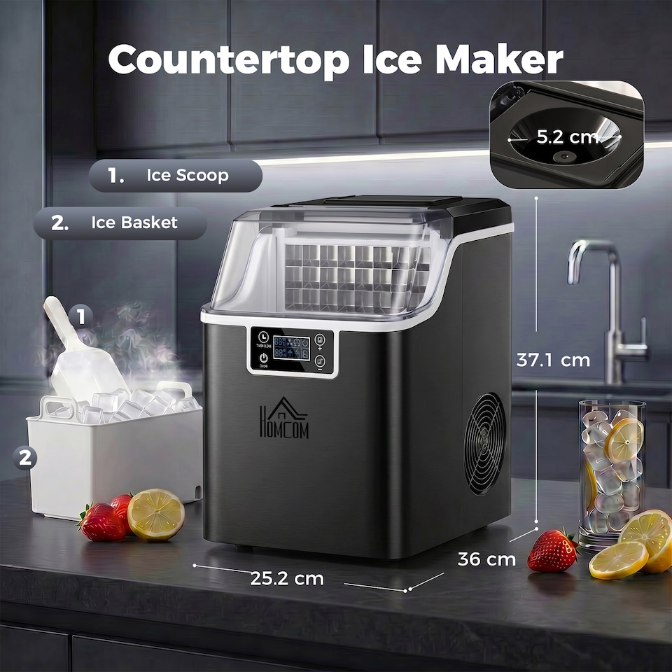 image 1 of HOMCOM 24kgDay Ice Maker Machine Countertop, Stainless Steel Portable Ice Cube Maker, 2 Ways to Add Water, 24 Pcs Ready in 14 Mins, Adjustable Ice Size, Self-Cleaning with Scoop & Basket, 3.2L,Black