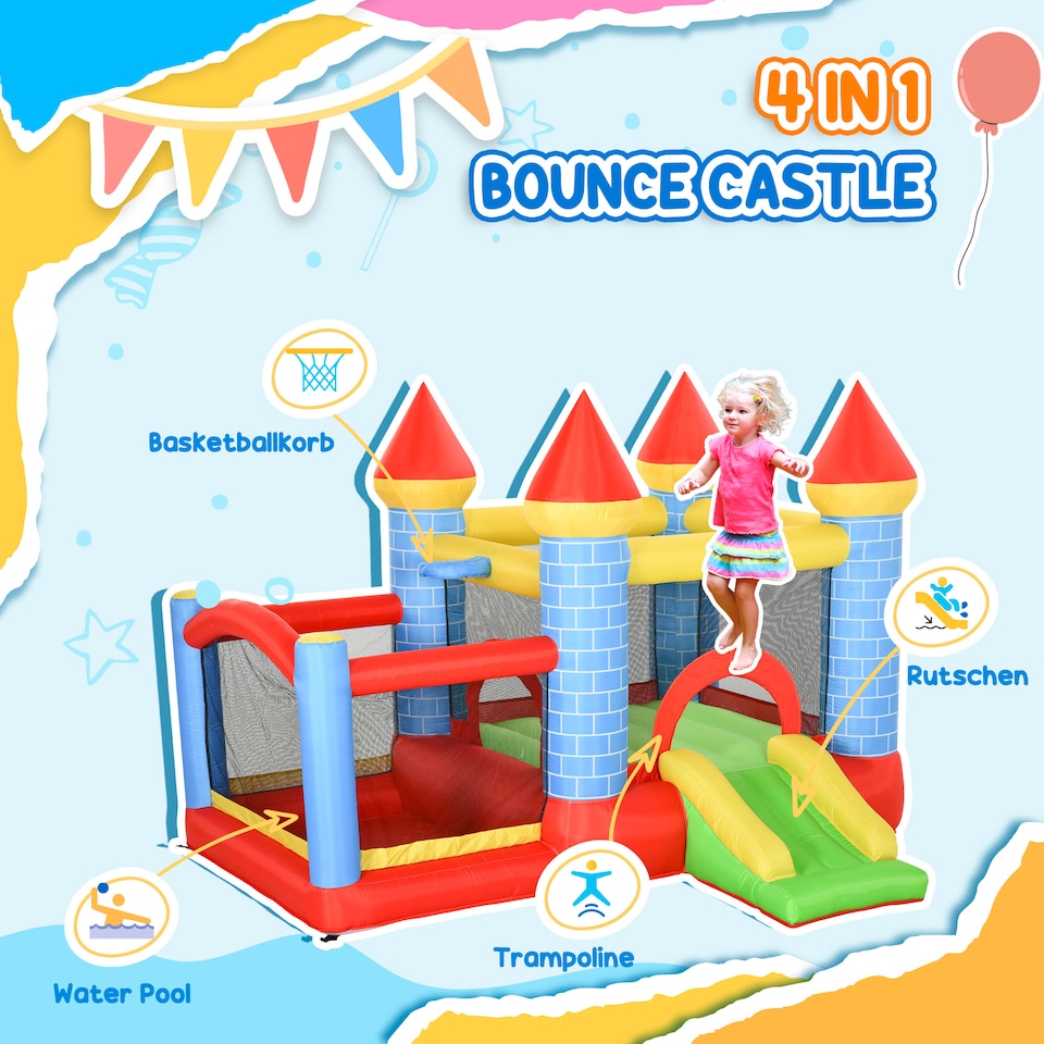 image 1 of Outsunny Kids Bouncy Castle House W/ Fun Features, Blower, Multicoloured