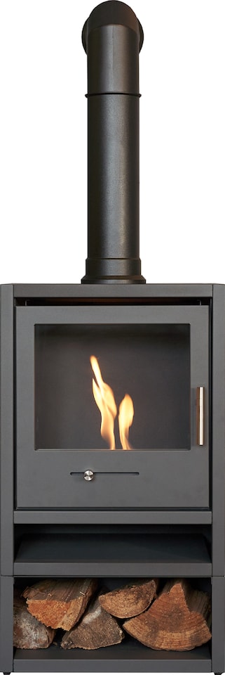image 1 of OKO S1 Bio Ethanol Stove with Log Storage in Charcoal Grey & Tall Angled Stove Pipe