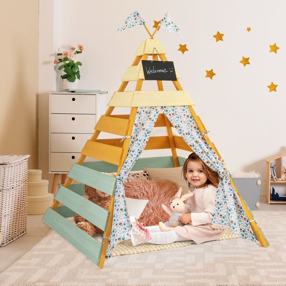 image 1 of COSTWAY Wooden Play Tent Indoor Kids Teepee Tent Triangle Hideaway Playhouse