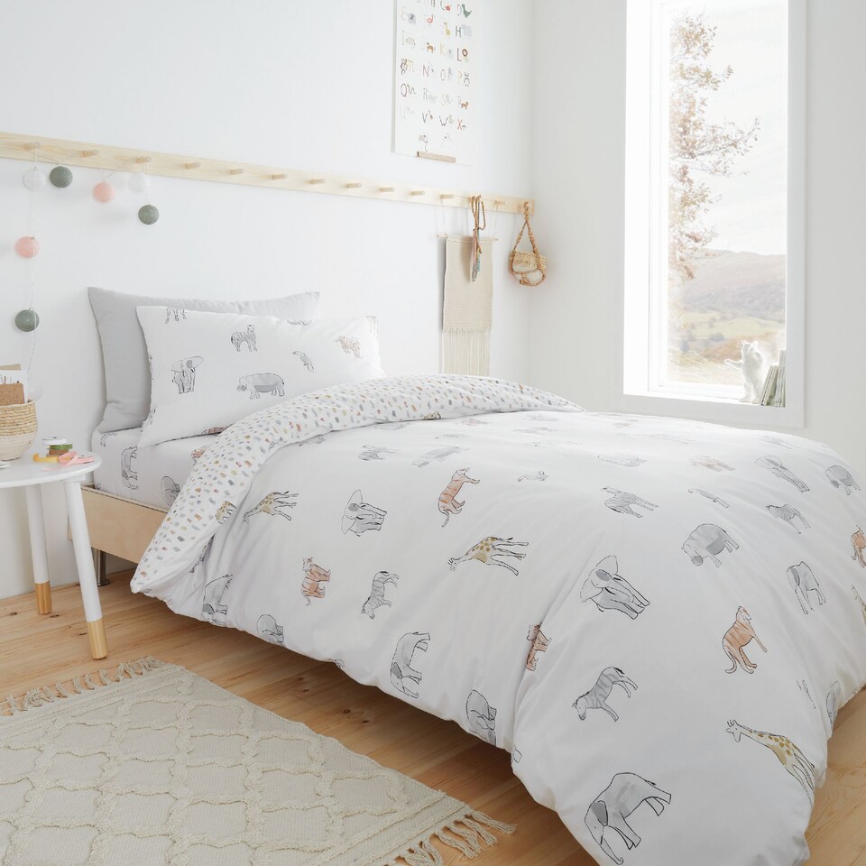 image 1 of Bianca Zoo Animals Cotton Reversible Duvet Cover Set | White | Double
