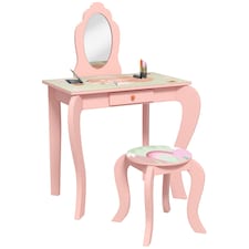 ZONEKIZ Kids Dressing Table with Mirror and Stool, Girls Vanity Table Makeup Desk with Drawer, Cute Animal Design, for Ages 3-6 Years, Pink