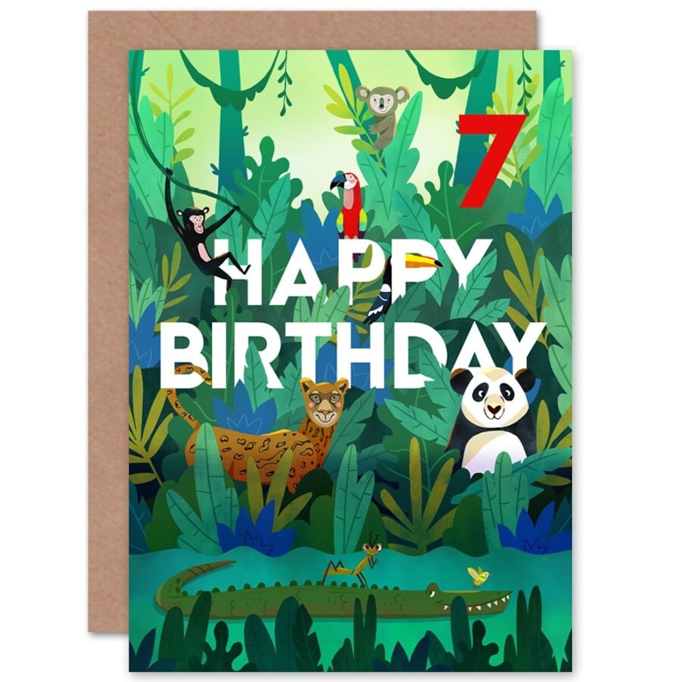image 1 of Cute Amazon Jungle Animals Age 7 Year Old Child Kids 7th Birthday Card