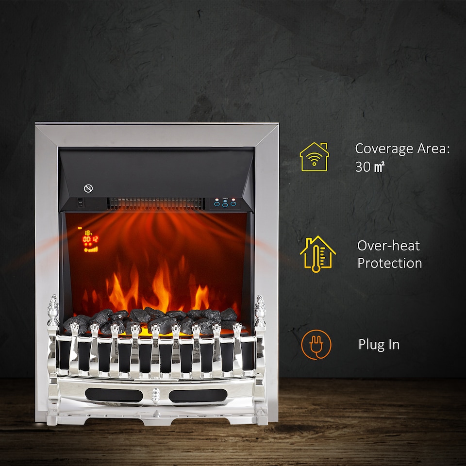 image 1 of HOMCOM Electric Fireplace 1 & 2KW LED Fire Remote Control Heater Silver