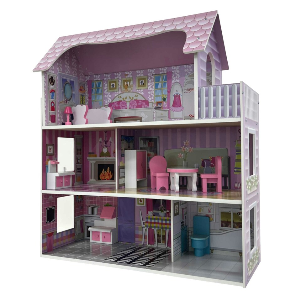 image 1 of Oypla Childrens Kids Wooden Dolls House Playset with 9pcs Furniture and Accessories