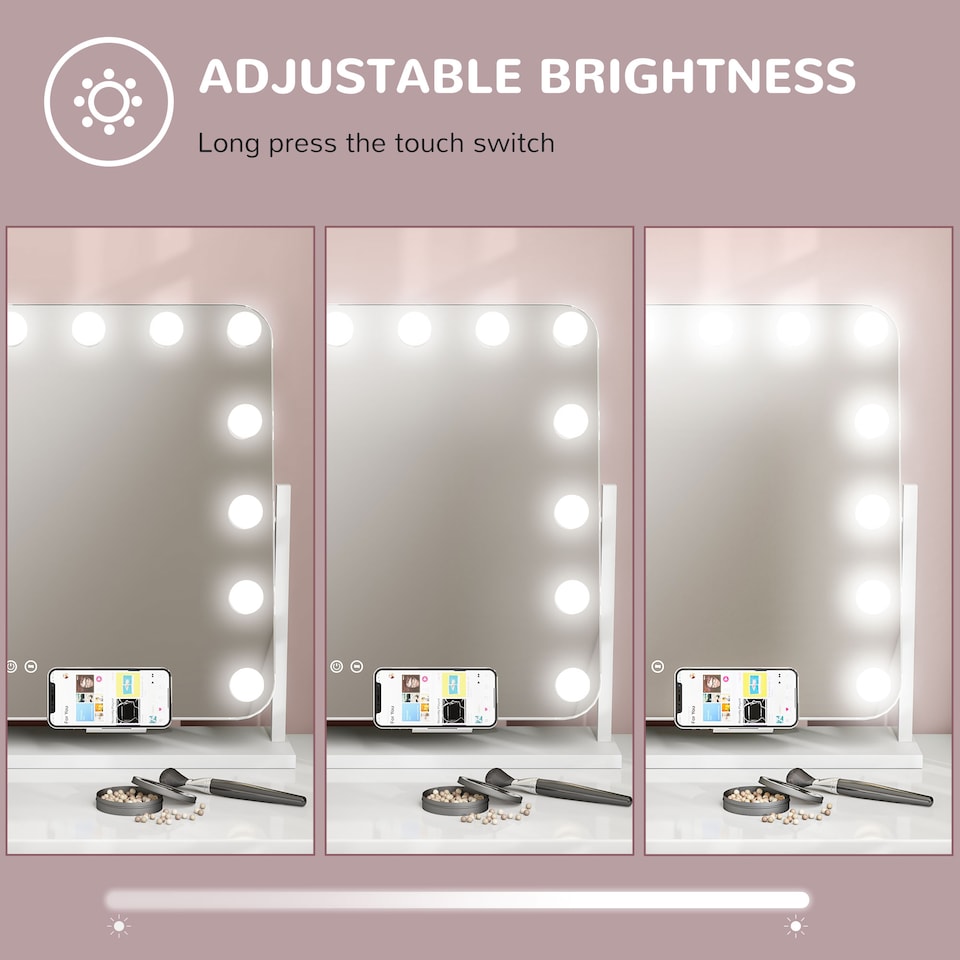 image 1 of HOMCOM Hollywood Vanity Mirror with Lights, Large 6350 cm Lighted Makeup Mirror with 3 Colour, 14 LED Bulbs, 10 Magnifying, USB Charging Port, Phone Holder