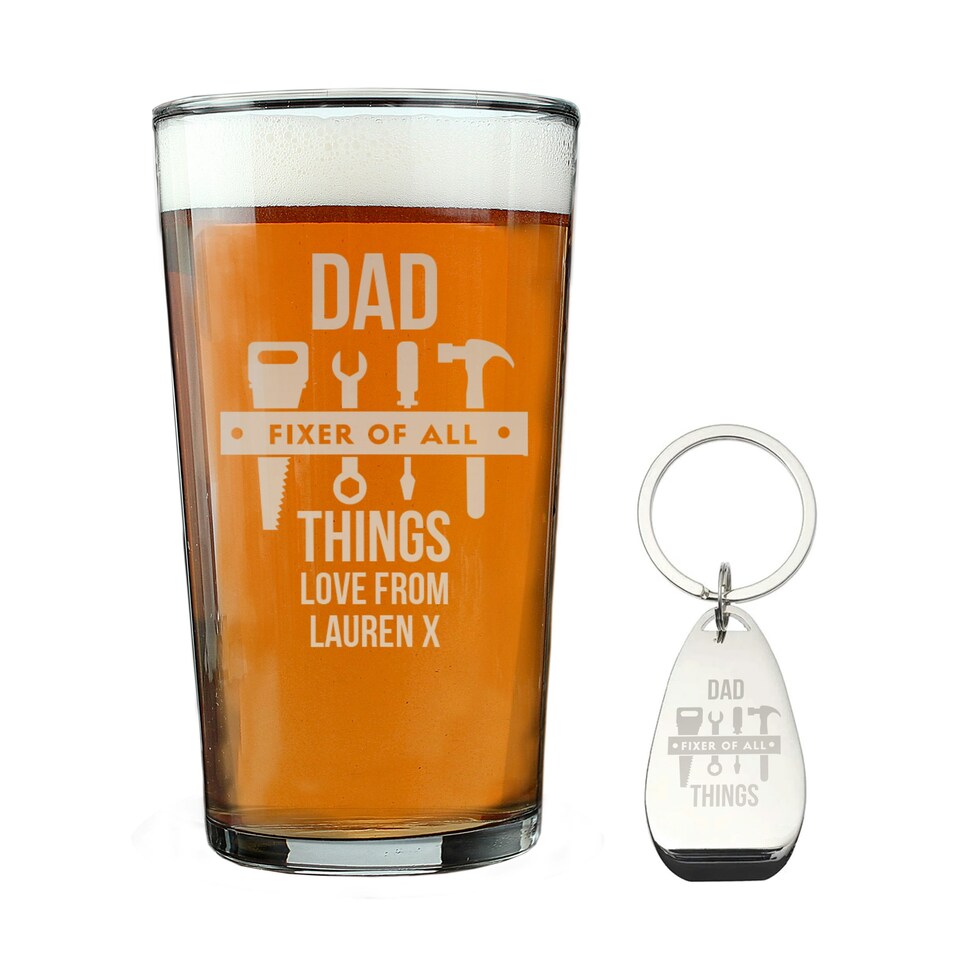 image 1 of Personalised Fixer of All Things Pint Glass & Bottle Opener Clear