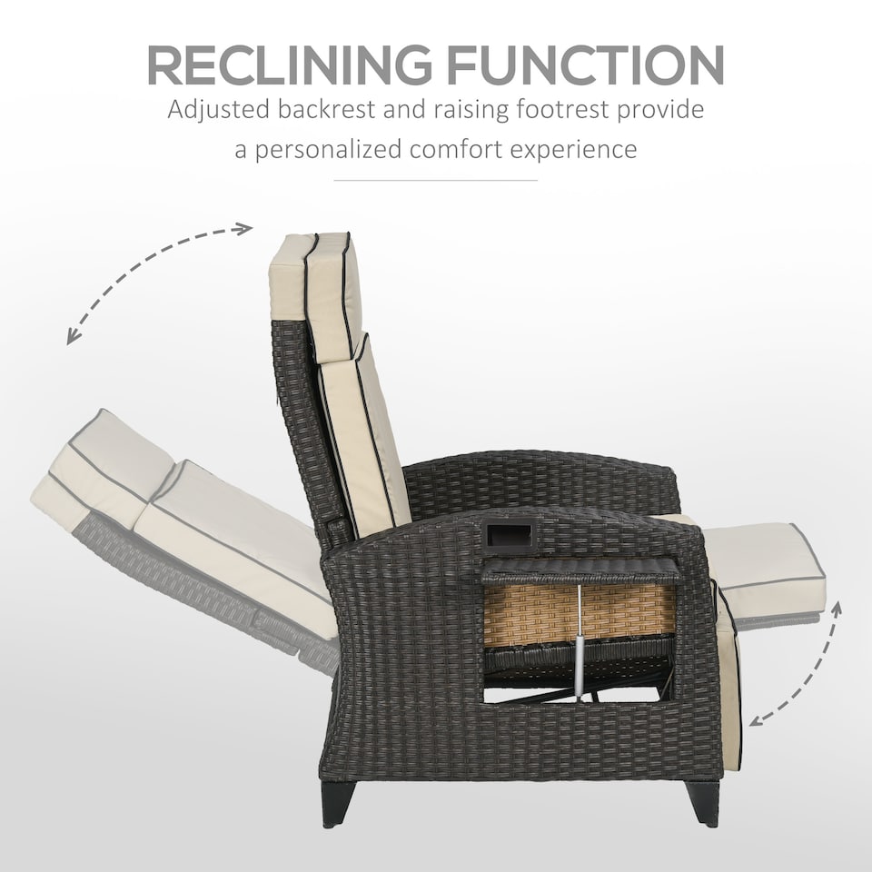 image 1 of Outsunny Garden Recliner w/ Cushion, Reclining Rattan Chair, Khaki/Brown