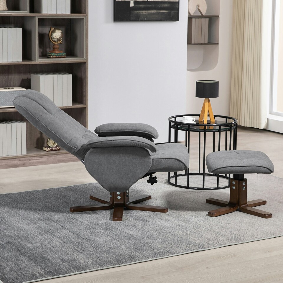 image 1 of HOMCOM Swivel Recliner Chair with Footstool and Wooden Base, Grey
