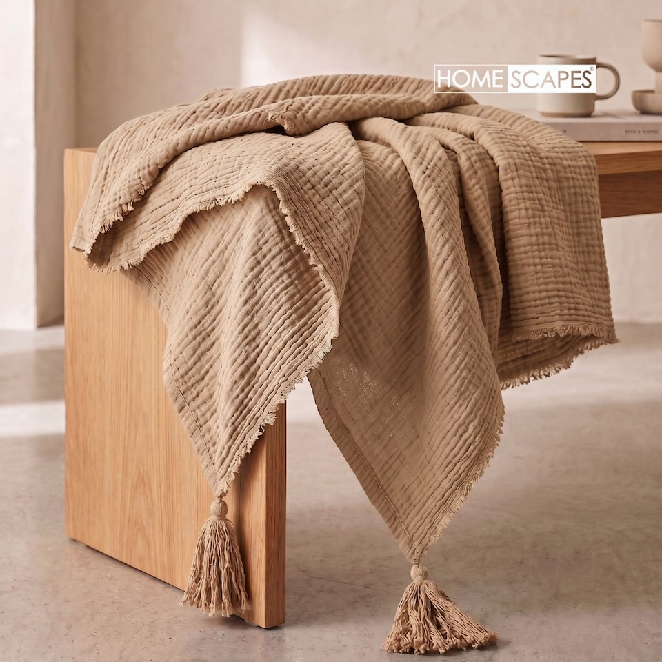 image 1 of Homescapes Pure Handmade Cotton Muslin Bed Throw Blanket - 127 x 180 cm