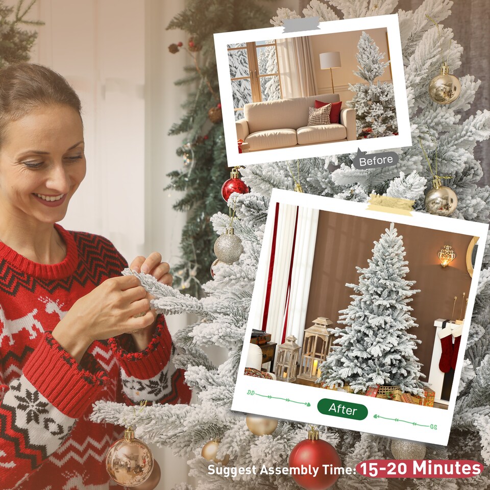 image 1 of HOMCOM 6ft Snow Flocked Christmas Tree with Realistic Tips, Wide Hinged Xmas Tree with Foldable Metal Stand, Easy Assembly for Home Decor | Green