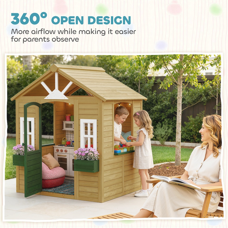 image 1 of AIYAPLAY Outdoor Playhouse, Wooden Wendy House with Door, 2 Flower Boxes