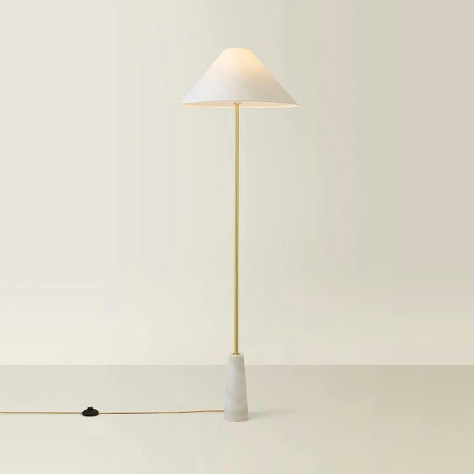 image 1 of ValueLights Margot White Marble Base Floor Lamp with a Linen Tapered Lampshade - Bulb Included Cream