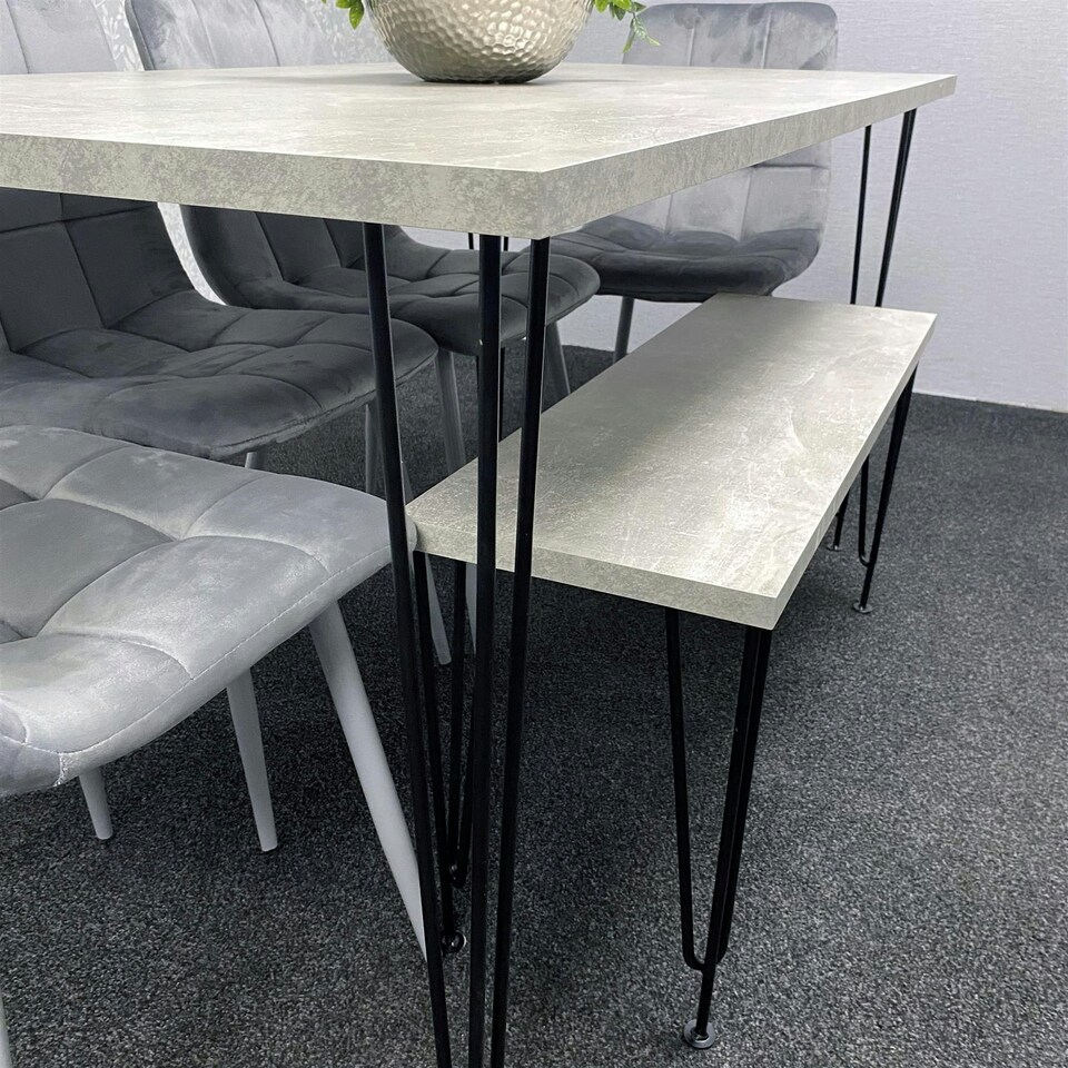 image 1 of Grey Dining Table with Hairpin Legs, Bench & 4 Grey Velvet Chairs Set for Kitchen & Dining Room Grey