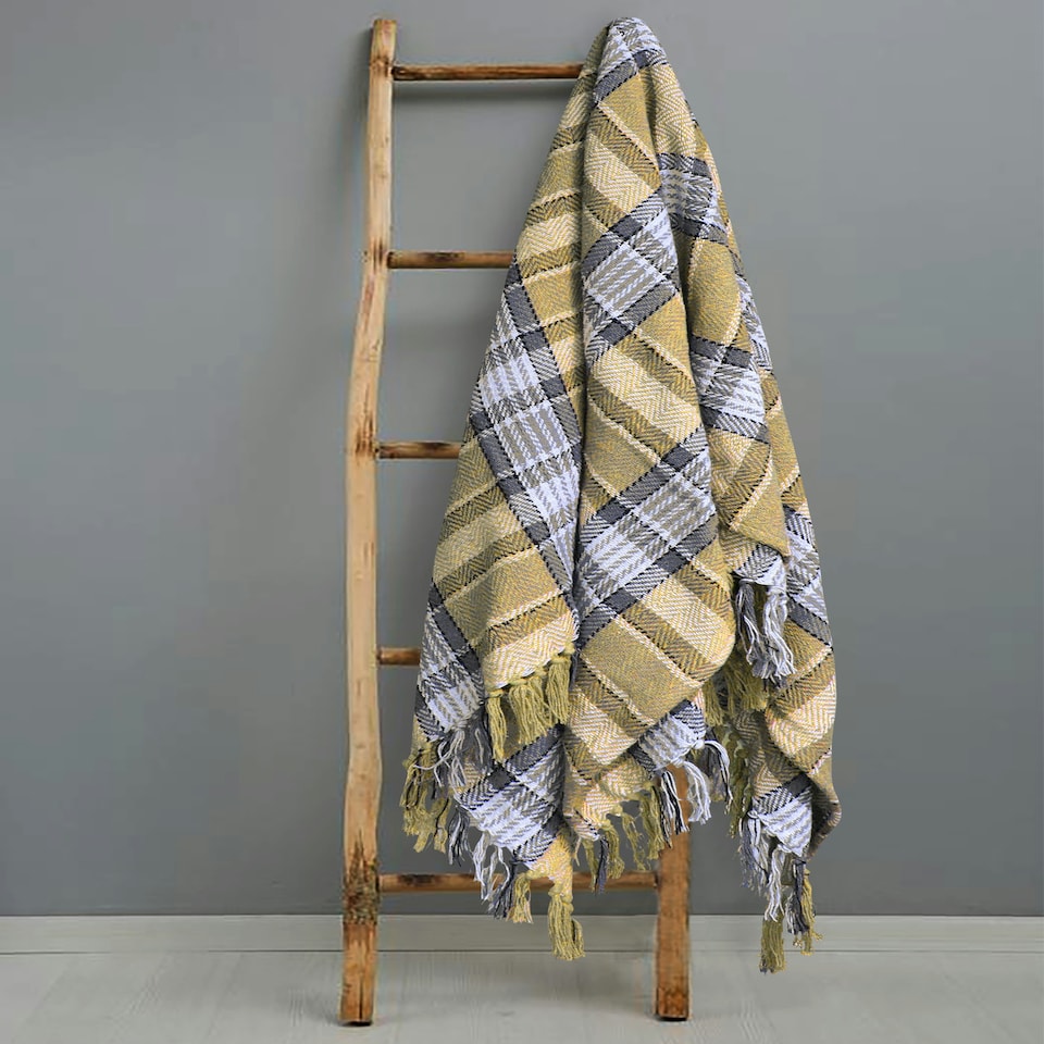 image 1 of Velosso Bourbon Check Cotton Tassel Throw - 228cm x 254cm Yellow