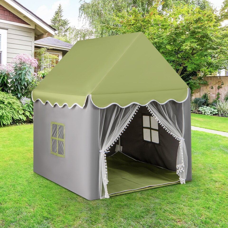 image 1 of COSTWAY Kids Playhouse Tent w/ Washable Mat & Star Lights-Green
