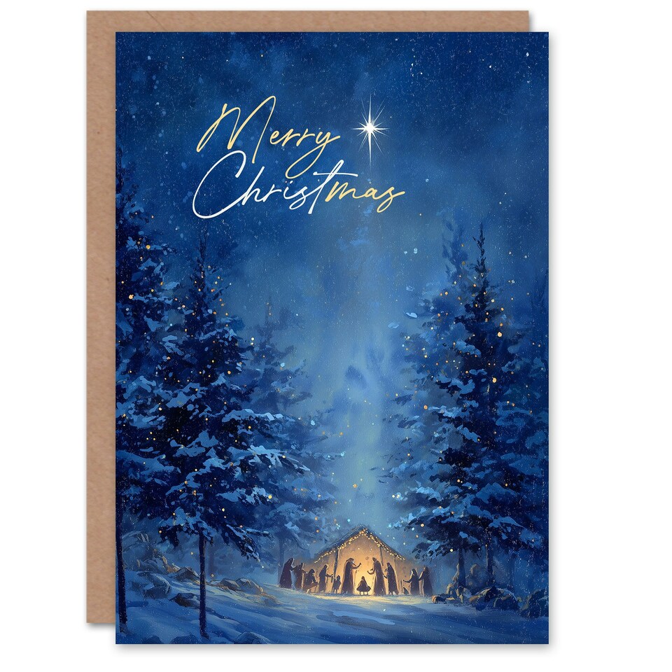 image 1 of Christmas Card Nativity Scene in Snowy Winter Pine Tree Forest