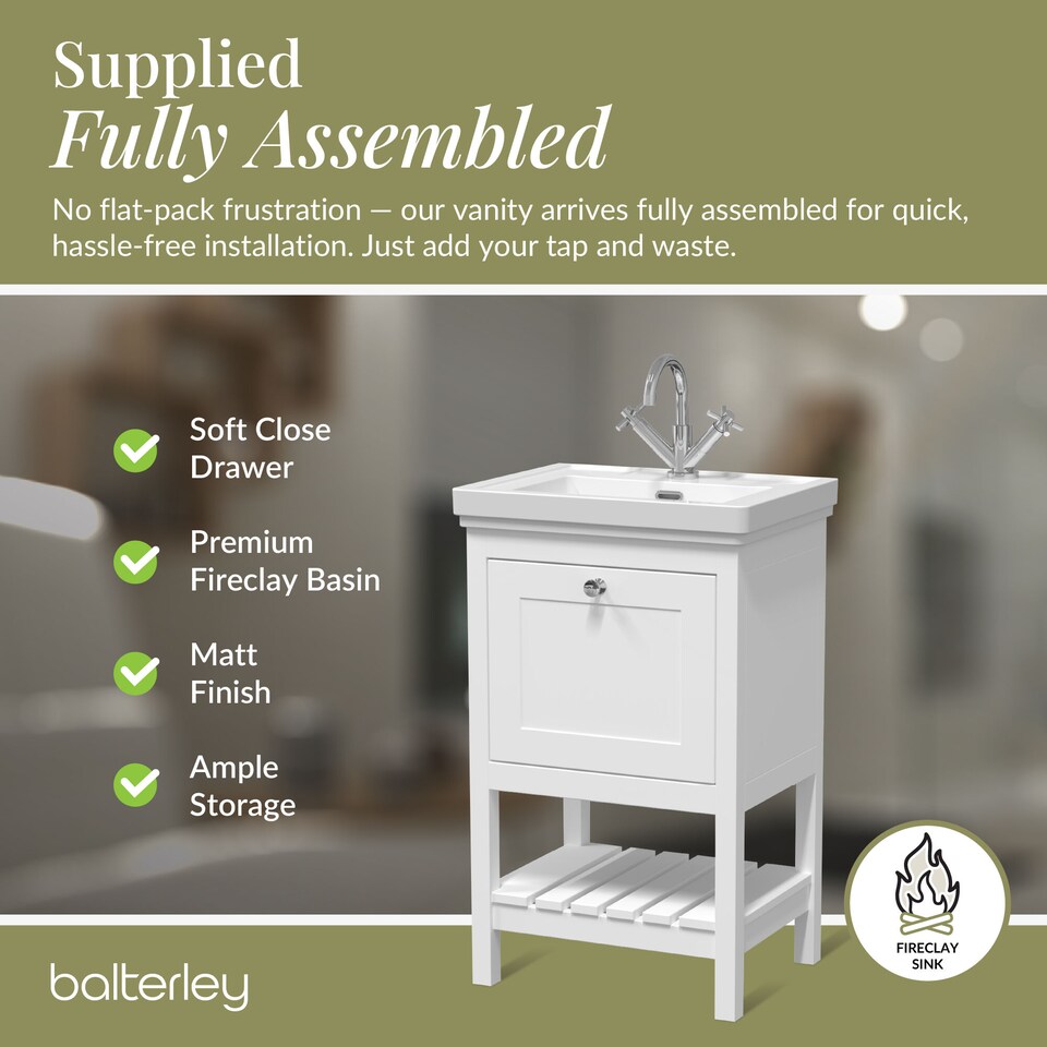 image 1 of Balterley Rye Bathroom Floor Standing 1 Drawer Vanity & 1 Tap Hole Basin | White | Pure White