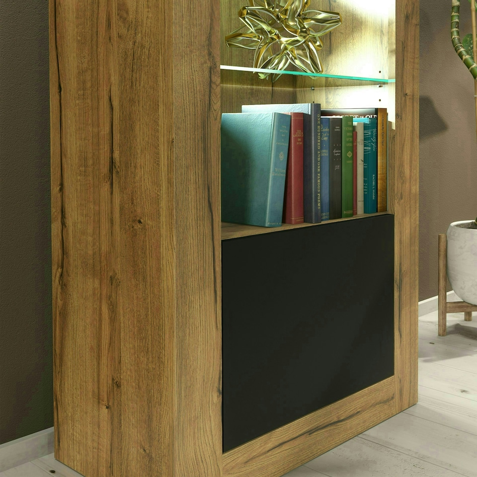 image 1 of Tall Cabinet 170cm Black Matt Doors Oak Matt Body Free LED Light Multi | Oak & Black