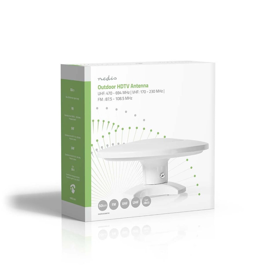 image 1 of Nedis High Gain 28dB Indoor/Outdoor HDTV Antenna Digital Freeview TV Aerial, 50km Range Reciever for DVB-T/DVB-T2/VHF/UHF/FM Signals, with 4G LTE LTE700 Filter